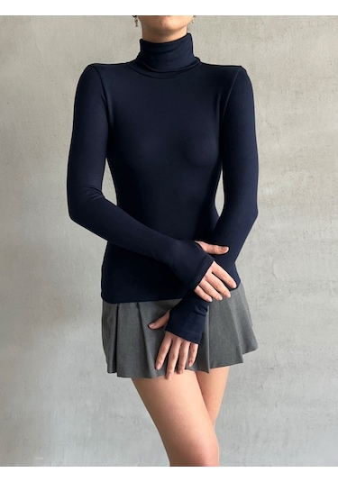 Kadın Parmak Detaylı Balıkçı Yaka Soft Bluz Lacivert