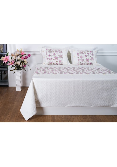 Finezza Gülfem Çiçek Baskılı Pembe Yatak Örtüsü Takımı Çift Kişilik 6 Parça-1464 Pembe