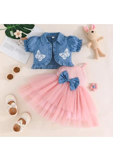 Çocuk Giyim Kız Bahar Ve Yaz Seti Halter Eklemeli Örgü Etek + Kız Üst Baskılı Noktalı Şal Etek 2 Adet Pembe