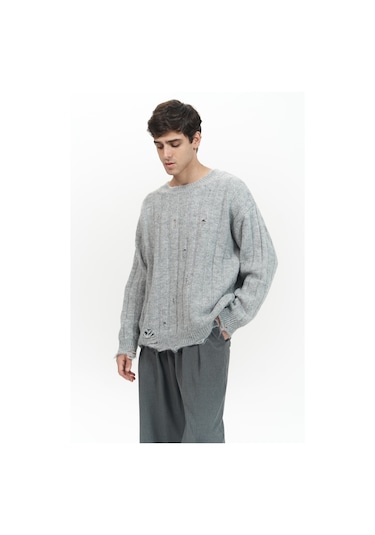 Vincent Yırtık Detay Gri Erkek Triko Kazak Gri