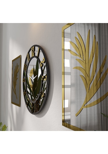 Dekoratif Ayna Pleksili Yaprak Tasarımlı 3 Parça Duvar Saati Gümüş - Altın