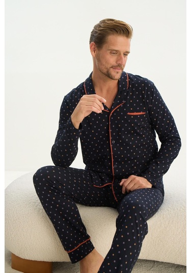 Erkek Uzun Kol Gömlek Yaka Önden Düğmeli Lacivert Pijama Takım C4t1n4o9 001
