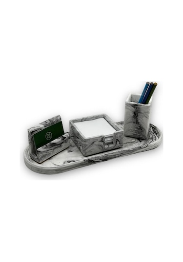 Mermer Desenli Beton 4 Parça Ofis Seti Kartlık Kalemlik Notluk Kartvizitlik Tepsi Gri