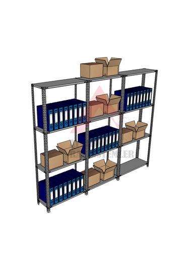 4 Katlı 3'lü Gri Renk Çelik Raf - Depo, Arşiv, Kiler, Dosya, Dosya Rafı 31x93 Cm-200 Cm Gri