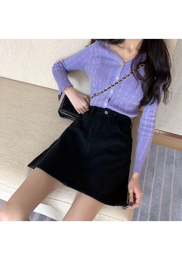 Kadın Etek Popüler Kot Etek Yüksek Bel Kore Kadınlar Için Diz Boyu Kısa Kot Etekler Kayısı