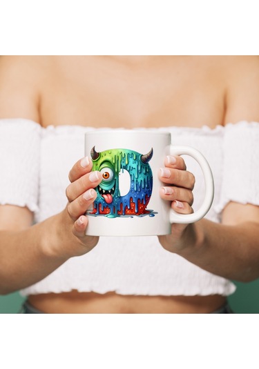 D Harfi Bardak, Sevimli Canavarlar Harflı Bardak Hediyesi Porselen Beyaz