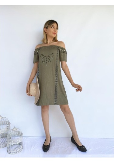 Kadın Bürümcük Desen Haki Elbise