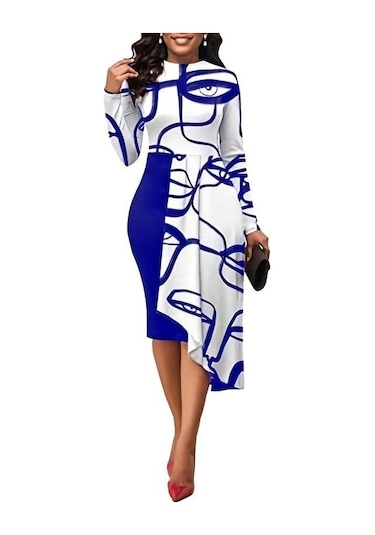 Novahub İlkbahar Ve Sonbahar Kadın Elbise Zarif Yerleşim Paketi Kalça Orta Uzunlukta Düzensiz Ekleme Elbiseler Mavi - M Mavi