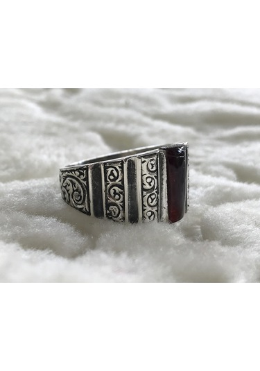 Kehribar Taşlı Erzurum Kalem Işçiliği 925 Ayar Gümüş Erkek Yüzük