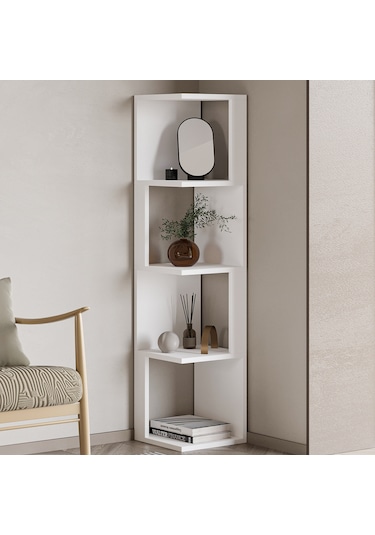 Herry Köşe Kitaplık Dekoratif Raf Ünitesi, Modern Kütüphane Beyaz