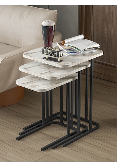 Zigon Sehpa Metal Ayak 3'lü Koltuk Yan Sehpa Zino Efes Ekru