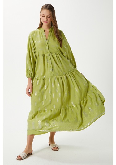 Modest Kadın Aliza Gümüş Detay %100 Viskon Yeşil Maksi Boy Yazlık Elbise Yeşilgümüş Çok Renkli