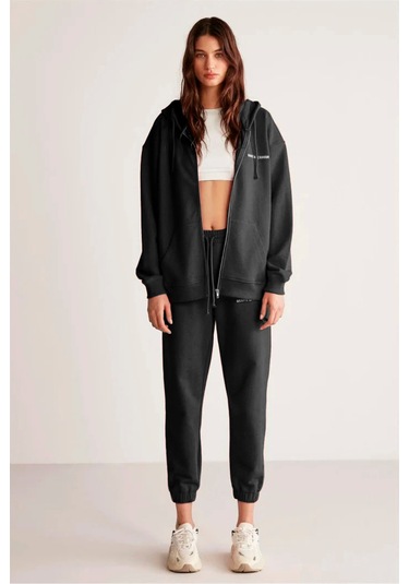 GRIMELANGE Ametıs Kadın Oversize Organik Pamuklu Metal Fermuarlı Kapüşonlu Siyah Sweatshirt Siyah