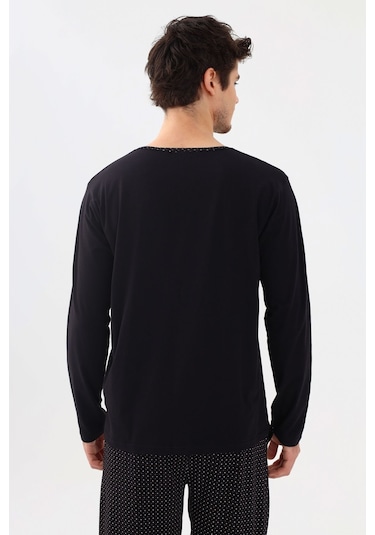 Erkek Pamuklu, Likralı, Yaka Düğmeli Ve Cep Detaylı Pijama Takımı Ko6300pj-1 Siyah