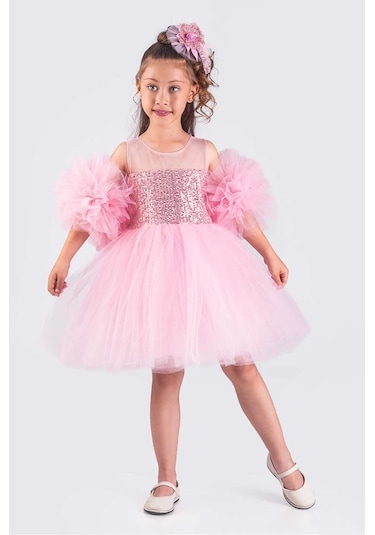 Kız Çocuk Abiye Elbise Ponpon Kol Pul Payetli Tütülü Pembe