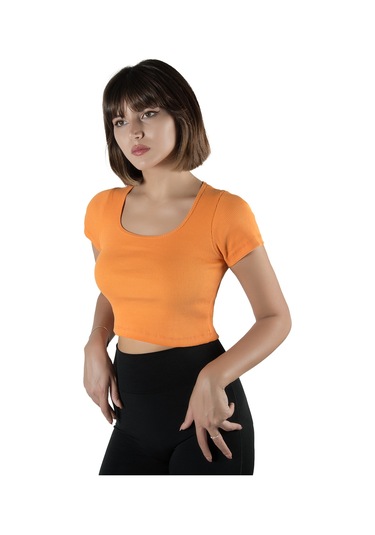 Turuncu Havuz Yaka Fitted/vücuda Oturan Kısa Kol Crop Tişört Turuncu