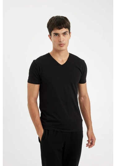 DeFacto Slim Fit Dar Kesim V Yaka Kısa Kollu Pijama Üstü L4884AZ24WNBK81