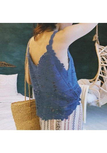 Kayısı Kadın Yaz Yelek Üstleri V Yaka Kolsuz Tığ Örgü Üstleri Düz Renk Hollow Dantel Sling Kayısı