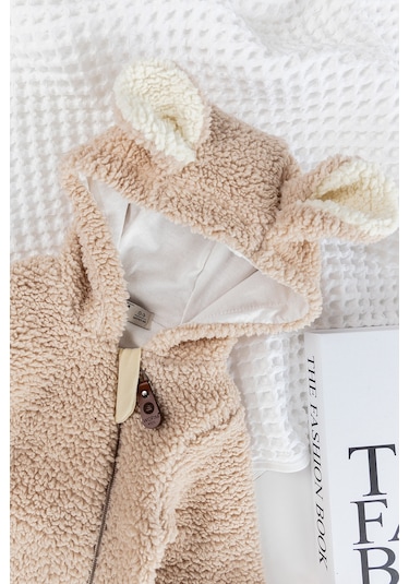 Kapüşonlu Welsoft Peluş Kışlık Kız/erkek Bebek Tulum Bej
