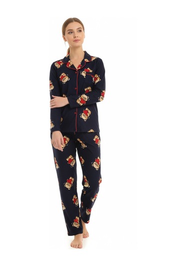 Luxury Soft Lacivert Ayıcık Desenli Uzun Kollu Kadın Pijama Takımı 3057 Siyah
