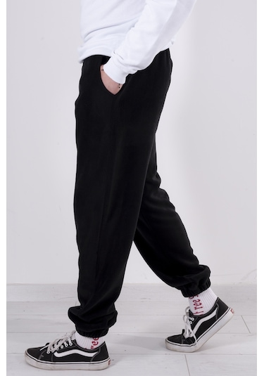 Kadın Erkek Siyah Cepli Paçası Lastikli Polar Eşofman Altı Siyah