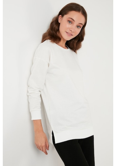 Lela Pamuklu Regular Fit Bisiklet Yaka Basic Bayan Sweat 5863569 Ekru