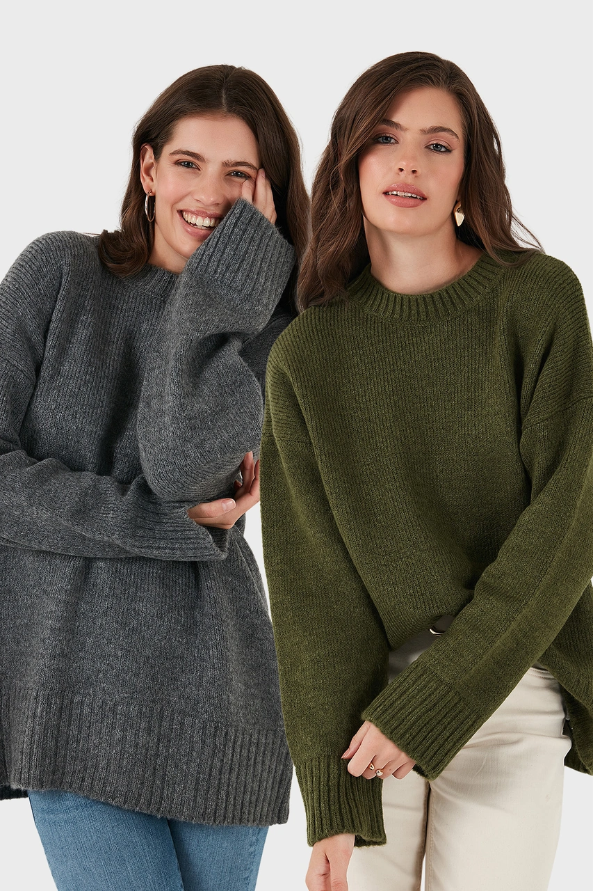 Lela Regular Fit Bisiklet Yaka Basic 2'Li Paket Triko Bayan Kazak 4616213S2 Antrasit-Haki