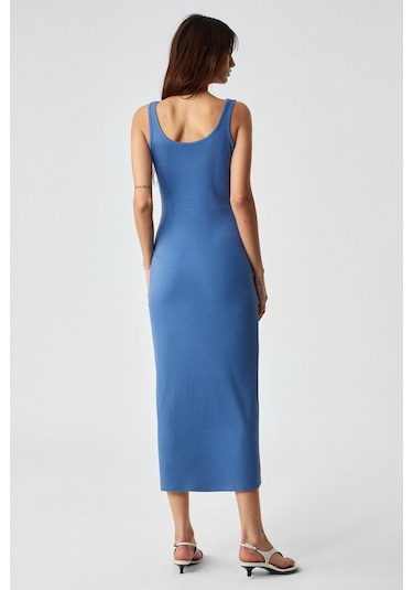GRIMELANGE Sofutey Kadın Slim Kolsuz Oyuk Yaka Düz Paça Mavi Elbise Mavi