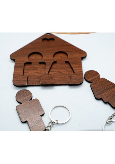 Ahşap Puzzle Tasarım Sevgili Çift Sevimli Ev Duvar Anahtarlık Kahverengi