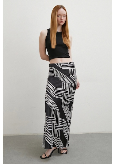 Desenli Maxi Verev Etek Siyah Siyah