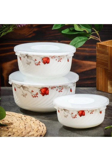 Daniks Cam Seramik Kapaklı 3'lü Salata Kasesi Seti, Veronika 225520488 Beyaz
