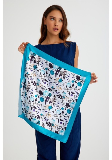 Beyaz Bandana Fular Saten Kumaş Çiçek Desenli 1014 42 Beyaz