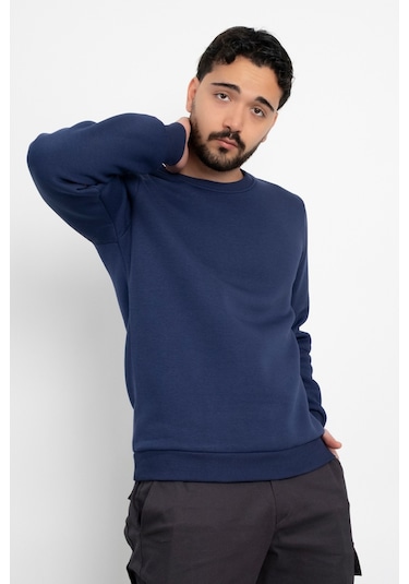 Dasüniforma Basic Baskısız 3 İplik Unisex Cepsiz Düz Sweatshirt Yuvarlak Yaka Sweat Lacivert