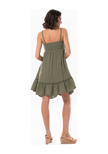 Alanya Boyundan Bağlamalı Kısa Yazlık Müslin Elbise Haki Hk-haki
