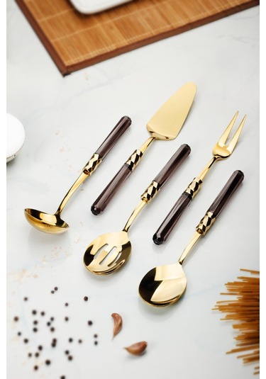 5 Parça Gold Servis Seti & Servis Sunum Seti Füme Kepçe / Kevgir / Sıpatula / Çatal / Kaşık