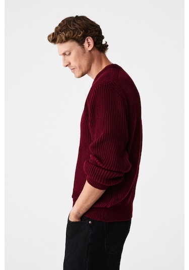 Grimelange CABLIN Erkek Yuvarlak Yaka Regular Fit Triko Bordo Kazak