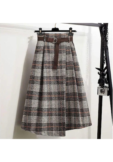 Sonbahar Ve Kış Kadın Etek Yüksek Bel A-line Etek Vintage Ekose Elastik Bel Yün Ekose Etek Haki