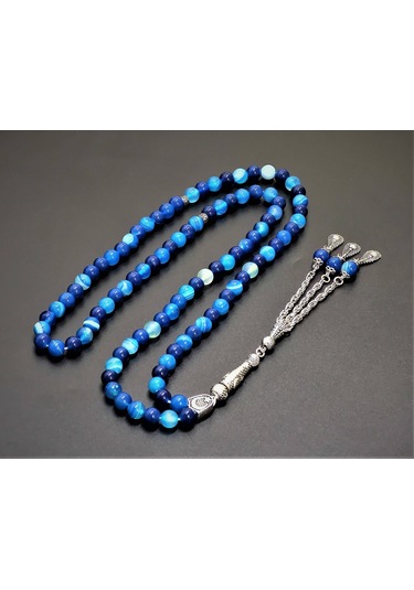 99Lu Namaz Tesbihi - Mavi Akik Doğaltaş Tesbih - 8 MM Küre Kesim