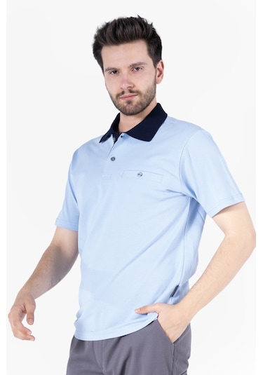 T-shirt %100 Pamuk Polo Yaka Fleto Cepli %100 Pamuk Gök Mavi