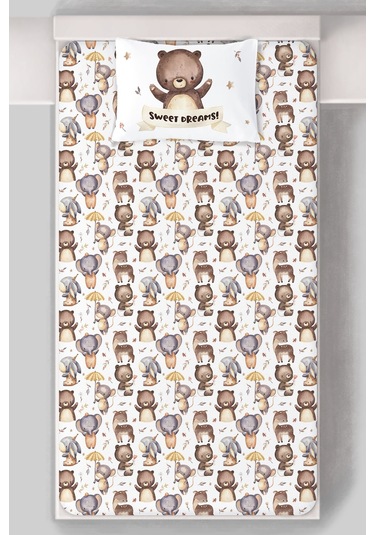 Organik Tek Kişilik Lastikli Çarşaf Seti - Minik Dostum Ayıcık Renkli