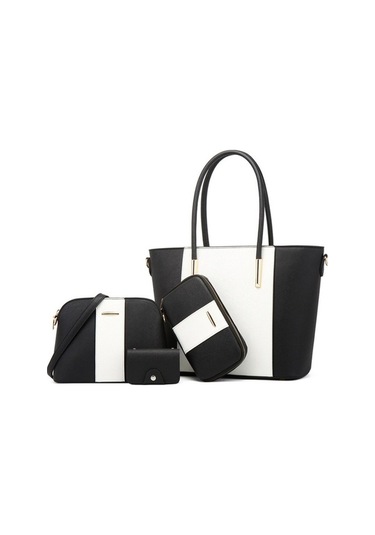 Shidai888 4'ü 1 Arada Moda Çapraz Çantalar Pu Büyük Kapasiteli Çanta Siyah Beyaz Beyaz  -  Siyah