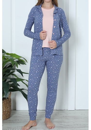 Kadın Pijama Uzun Kollu Düğmeli Pijama Takımı Cepli Pamuk 3 Lü Takım Kısa Kollu Indıgo İndigo