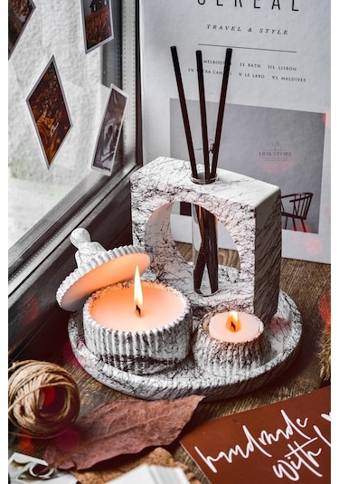 Mermer Desen Tasarım Kokulu Soya Mum, Vazo, Tealightlık, Tepsi Ve 001