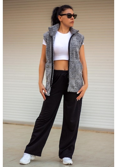 Kadın Gri Peluş Welsoft Kalın Fermuarlı Hakim Yaka Yelek 23kylkmy10 001