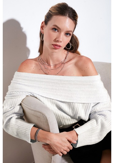 Lela Oversize Fit Madonna Yaka Triko Bayan Kazak 4615216 Açık Gri