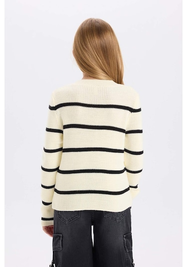 DeFacto Kız Çocuk Ekru Çizgili Fitted Bisiklet Yaka Triko Kazak D1392A824WNER233 Ekru