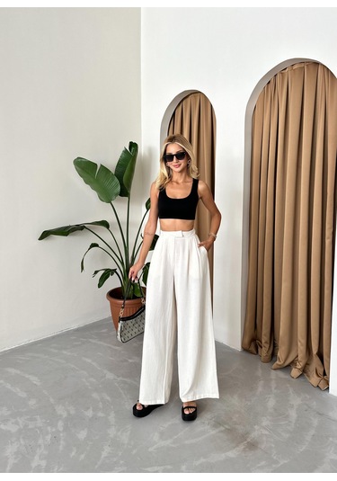 Natural Pamuk Yandan Düğmeli Geniş Paça Pantolon Ekru