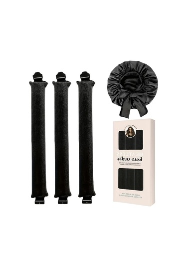 Gateesat Siyah Isısz Dalga Seti 4 Parça Overnight Saç Maşası Ve Saten Bone Tüm Saç Tipleri Siyah