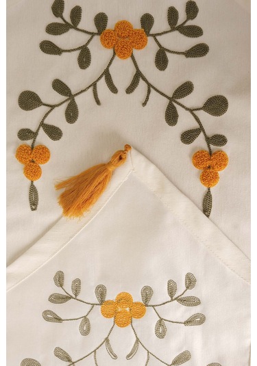 Sarı Çiçek Nakışlı Vintage Keten Runner 40x140 Cm Krem