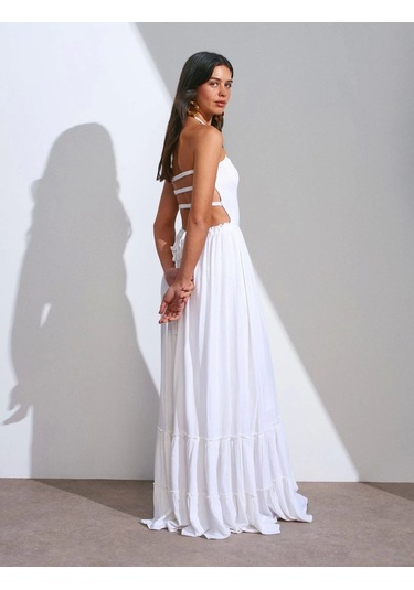 Olla Collection Uzun Keten Elbise-beyaz Beyaz